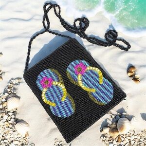 Ermo Black Beaded Flip Flop Zip Crossbady Bag EUC